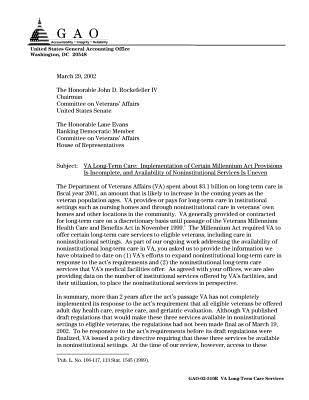 Read Va Long-Term Care: Implementation of Certain Millennium ACT Provisions Is Incomplete, and Availability of Noninstitutional Services Is Uneven - U.S. Government Accountability Office file in PDF